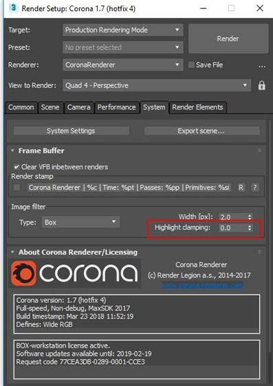 Corona frame buffer Highlight clamping parameter screenshot